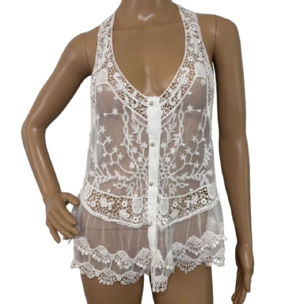 Venus Ivory Floral Lace Overlay Vest With Pearl Buttons & Drop Arm Holes Size XS